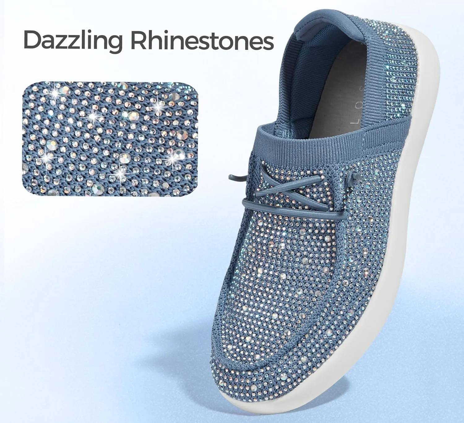BELOS Women's Rhinestone Lace Up Loafers Shoes Comfortable Slip On Mesh Knit Walking Shoes Fashion Lightweight Sparkly Glitter Sneaker