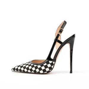 Black & White Plaid Pointed Toe Pencil Heel Buckle Slingback Pumps
