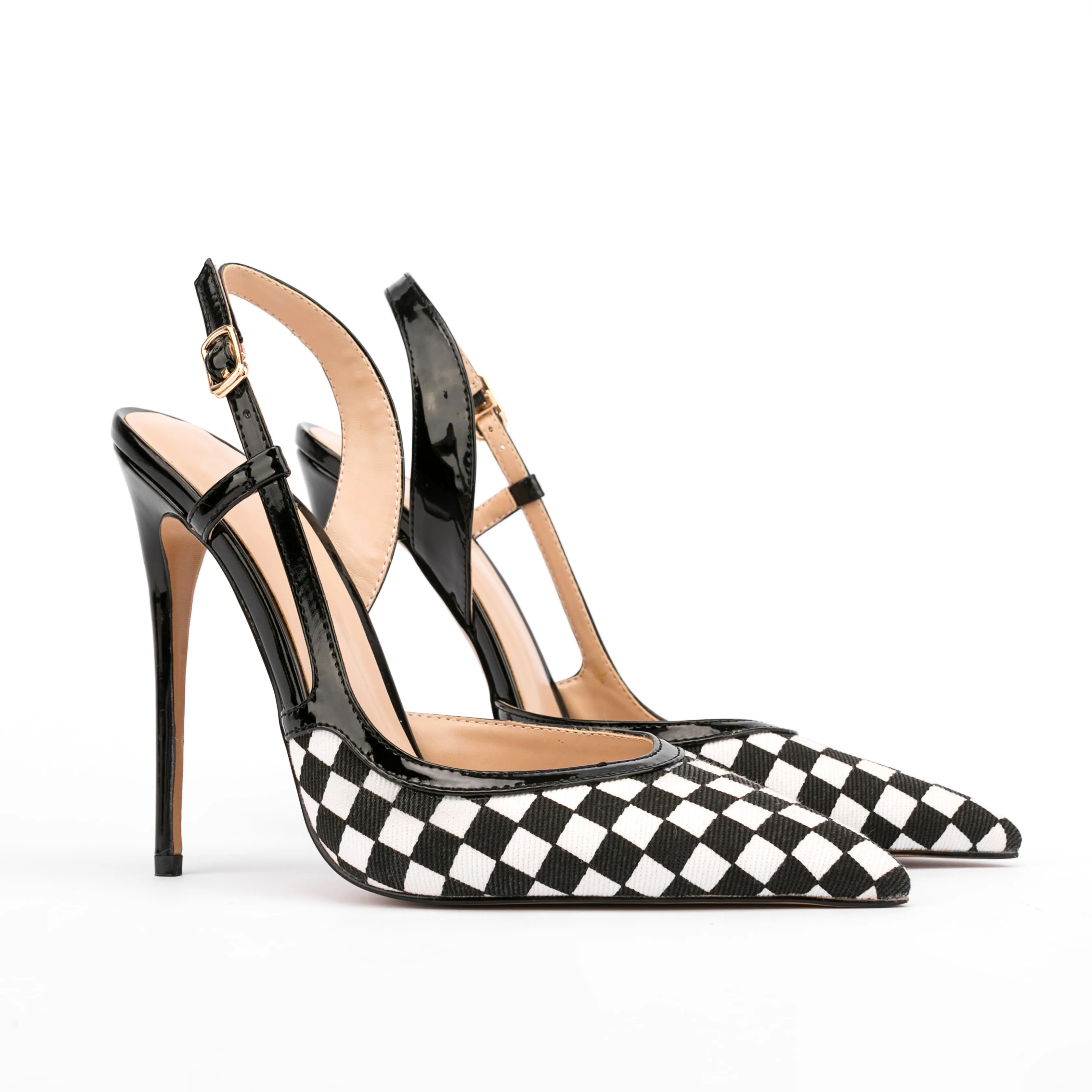Black & White Plaid Pointed Toe Pencil Heel Buckle Slingback Pumps
