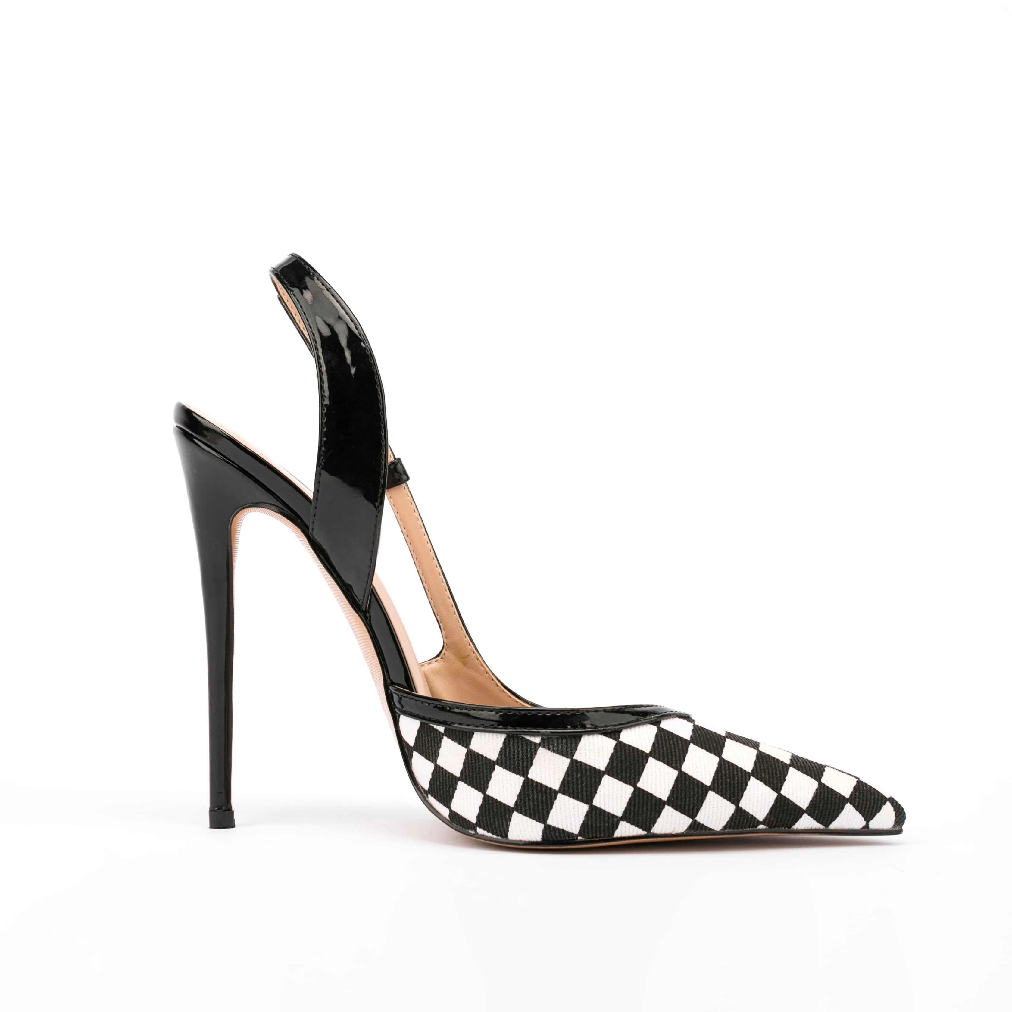 Black & White Plaid Pointed Toe Pencil Heel Buckle Slingback Pumps