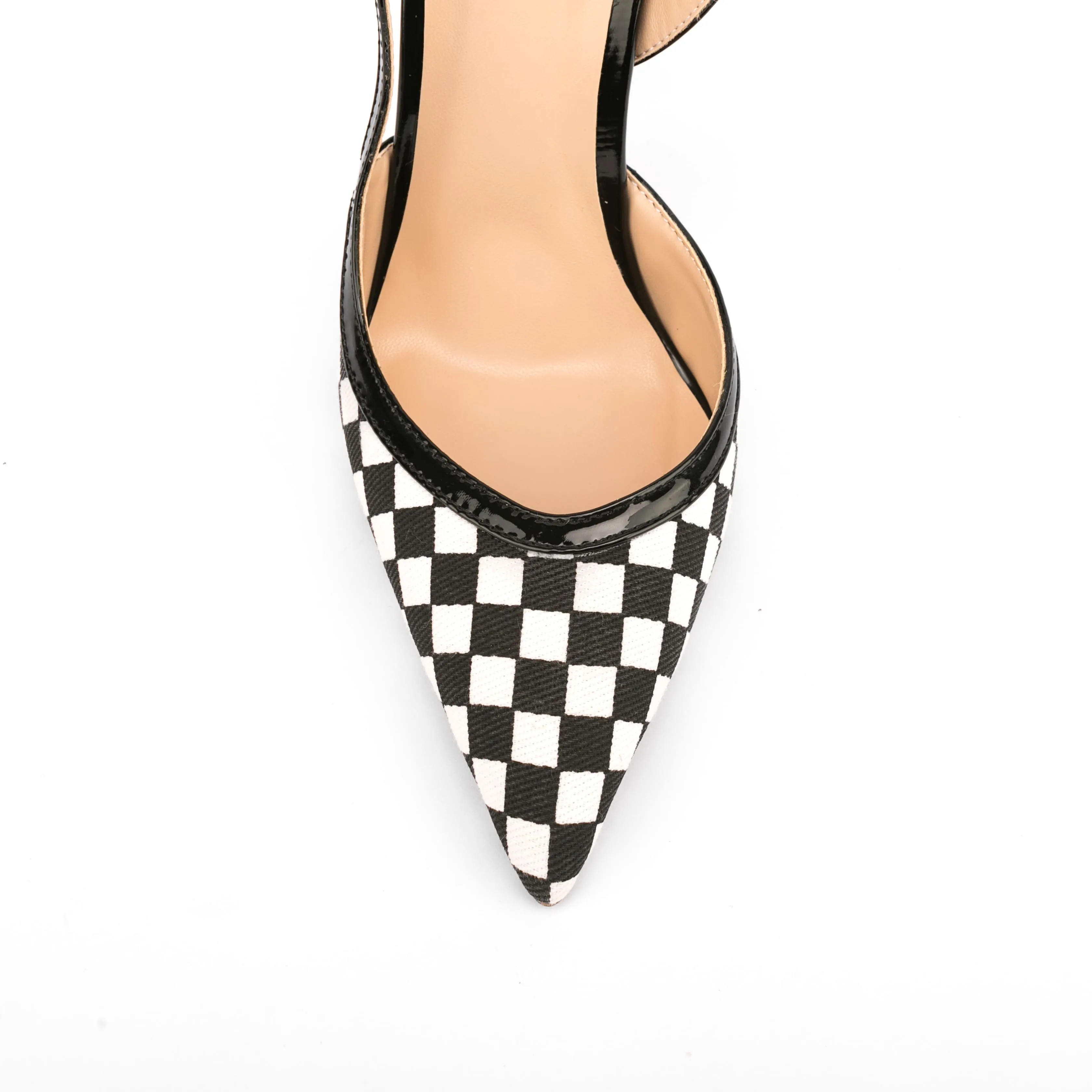 Black & White Plaid Pointed Toe Pencil Heel Buckle Slingback Pumps