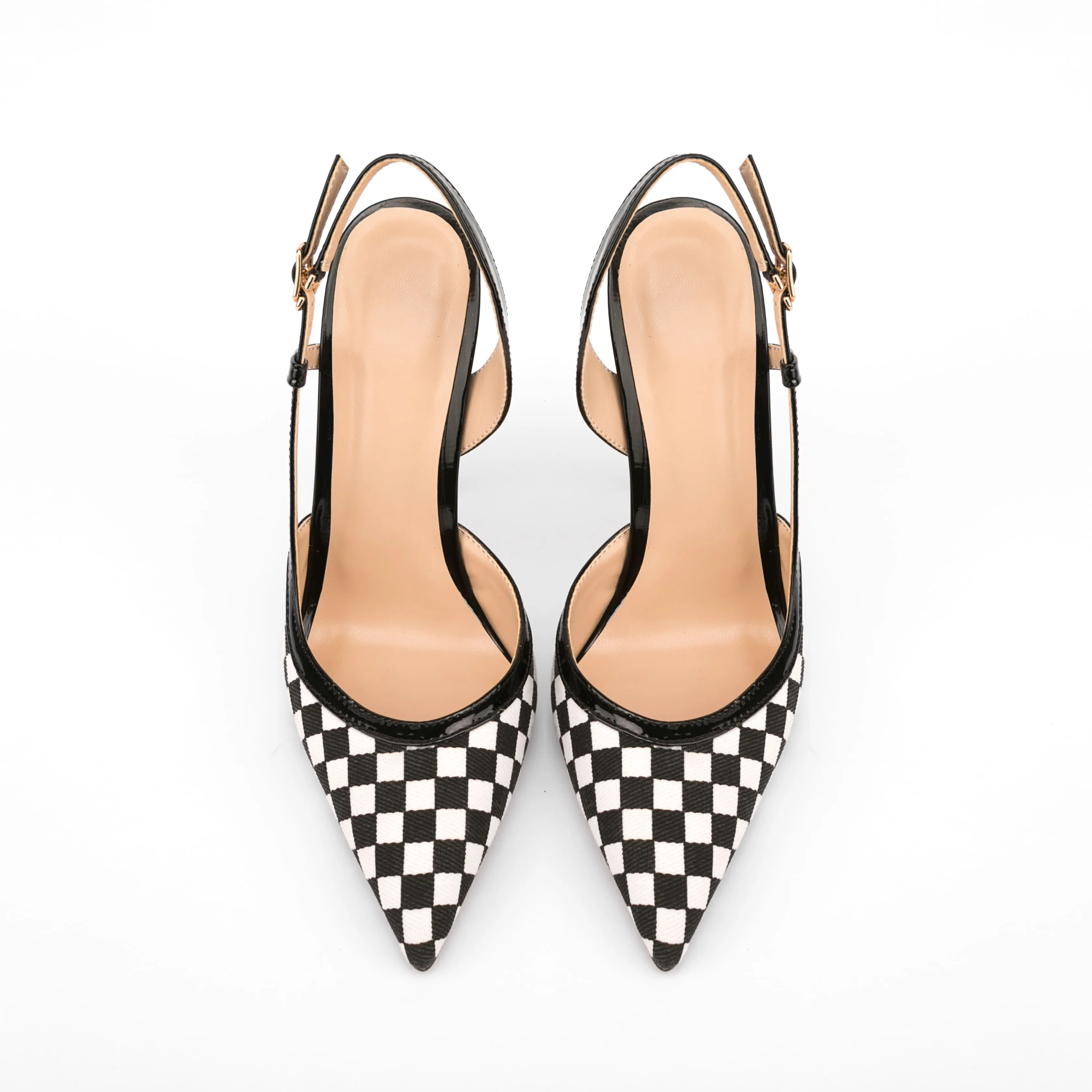 Black & White Plaid Pointed Toe Pencil Heel Buckle Slingback Pumps