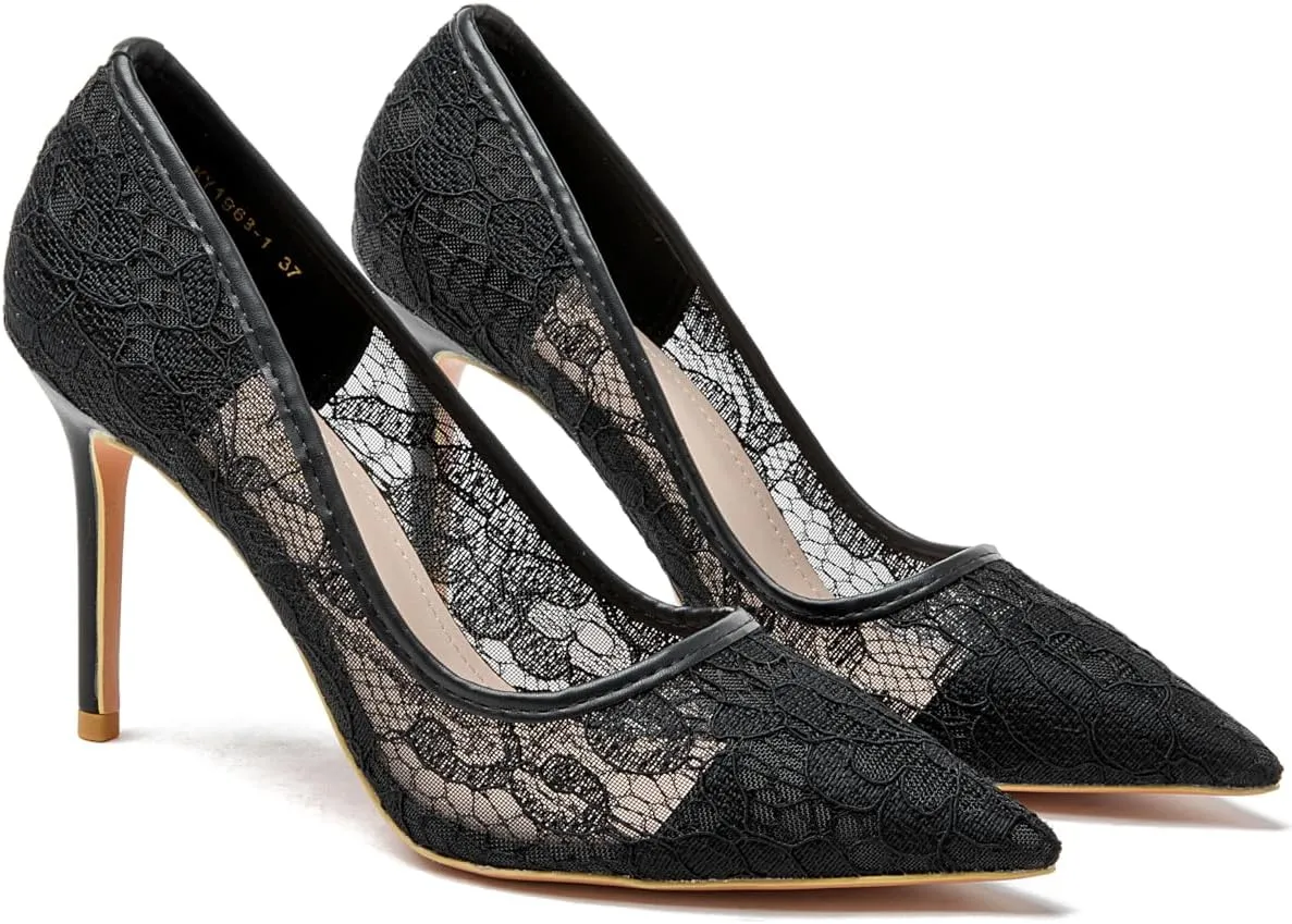 Black Heels for Women Sexy Pointed Closed Toe Lace High Heels Comfortable Suede Stiletto Wedding Party Pumps Shoes
