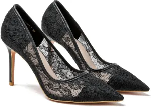 Black Heels for Women Sexy Pointed Closed Toe Lace High Heels Comfortable Suede Stiletto Wedding Party Pumps Shoes