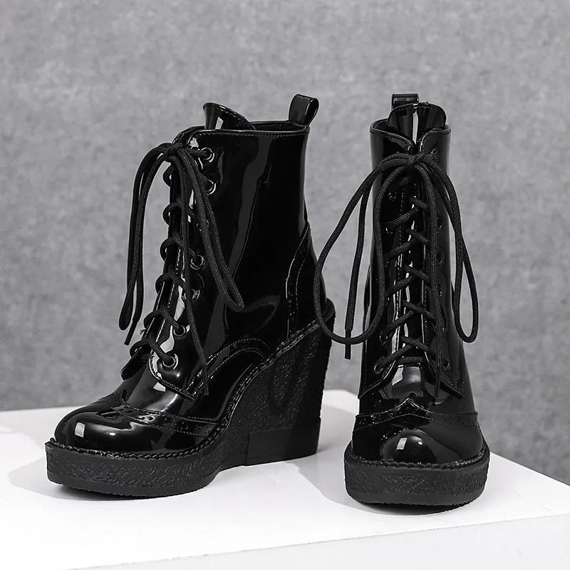 Black Round Toe Wedge Heel Platform Lace-up Mojo Booties