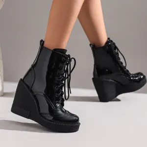 Black Round Toe Wedge Heel Platform Lace-up Mojo Booties