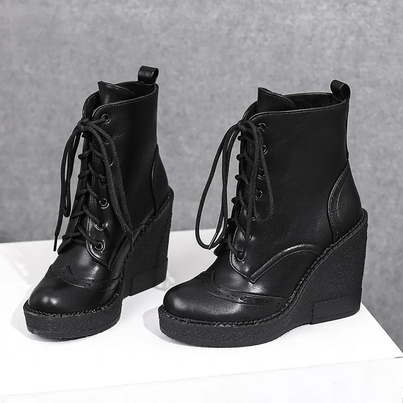 Black Round Toe Wedge Heel Platform Lace-up Mojo Booties