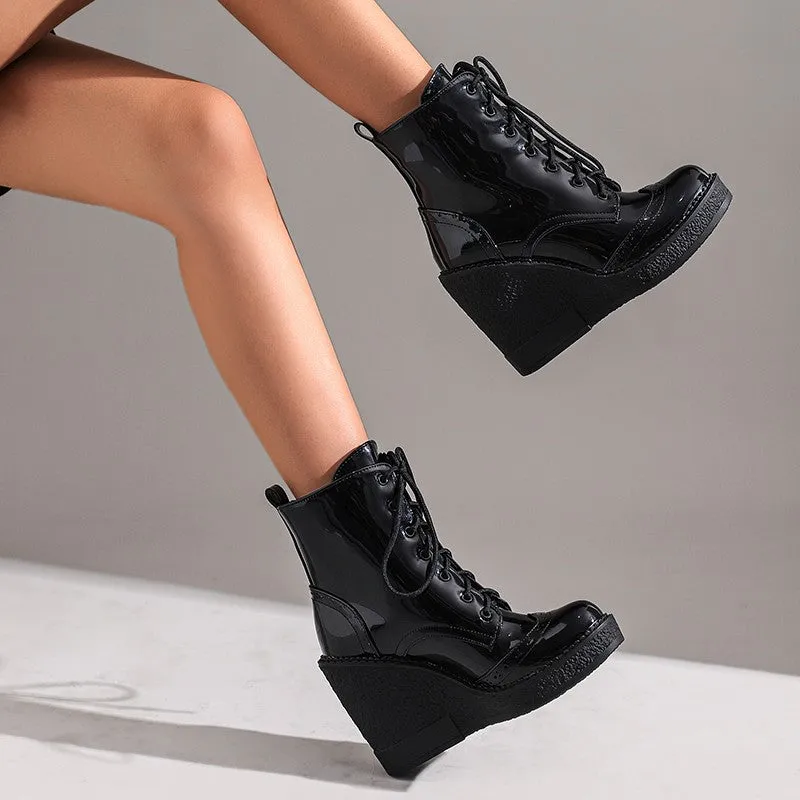 Black Round Toe Wedge Heel Platform Lace-up Mojo Booties