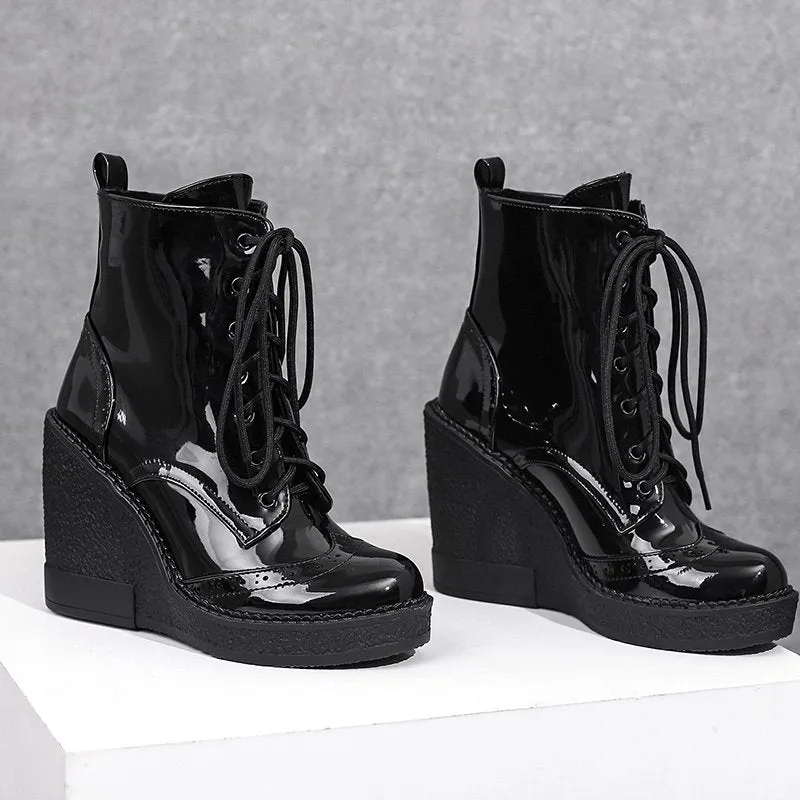 Black Round Toe Wedge Heel Platform Lace-up Mojo Booties
