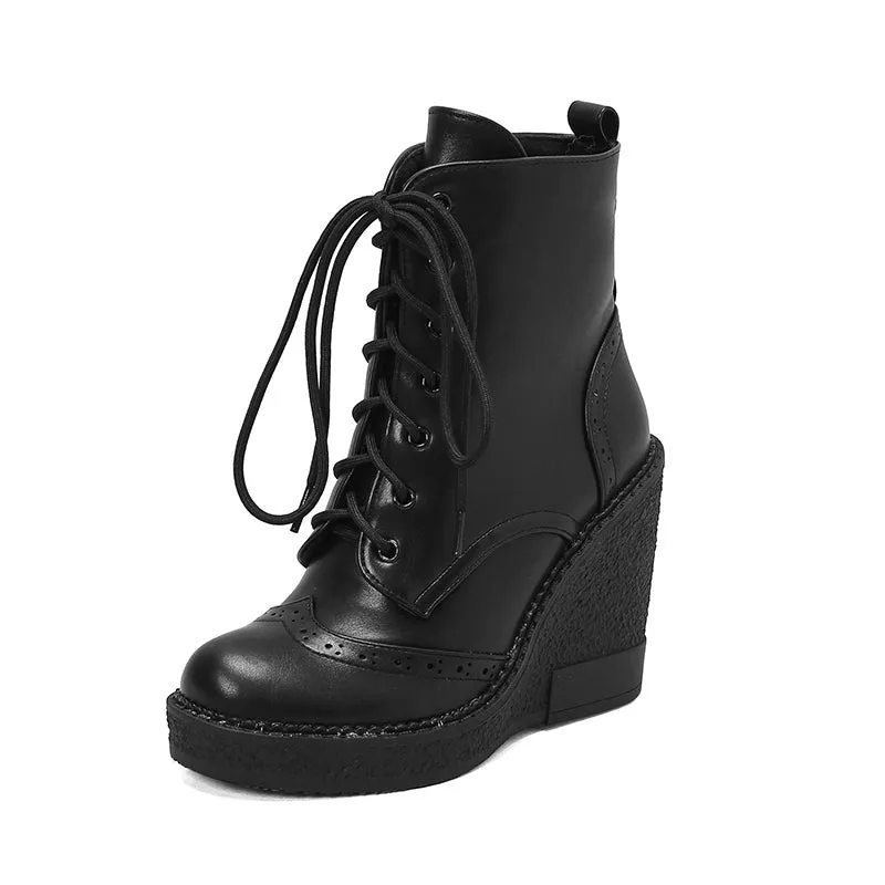 Black Round Toe Wedge Heel Platform Lace-up Mojo Booties
