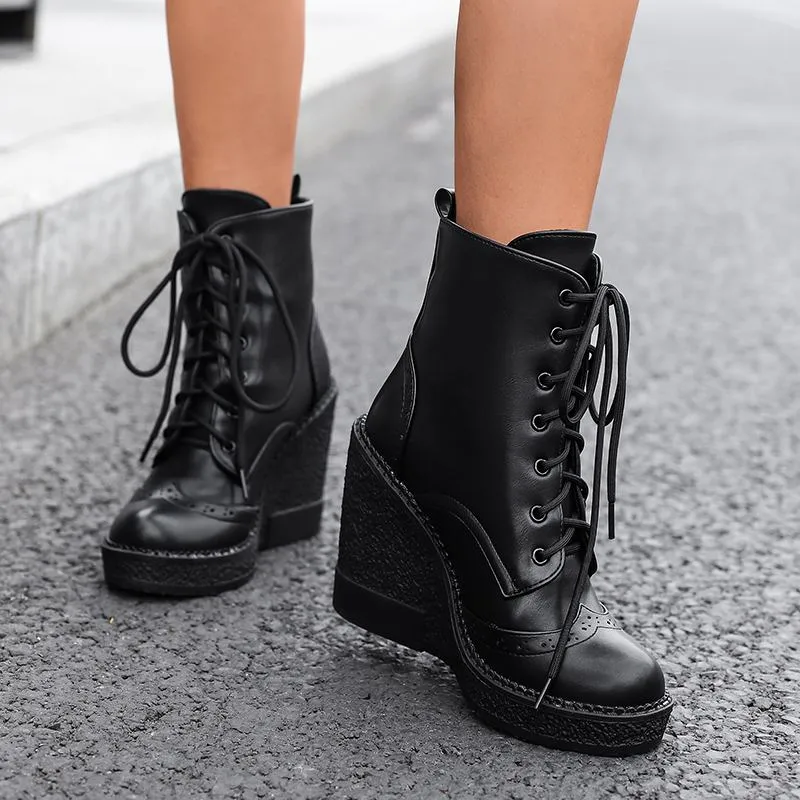 Black Round Toe Wedge Heel Platform Lace-up Mojo Booties