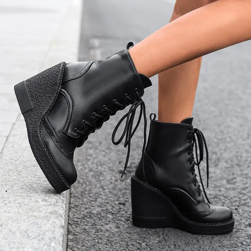 Black Round Toe Wedge Heel Platform Lace-up Mojo Booties