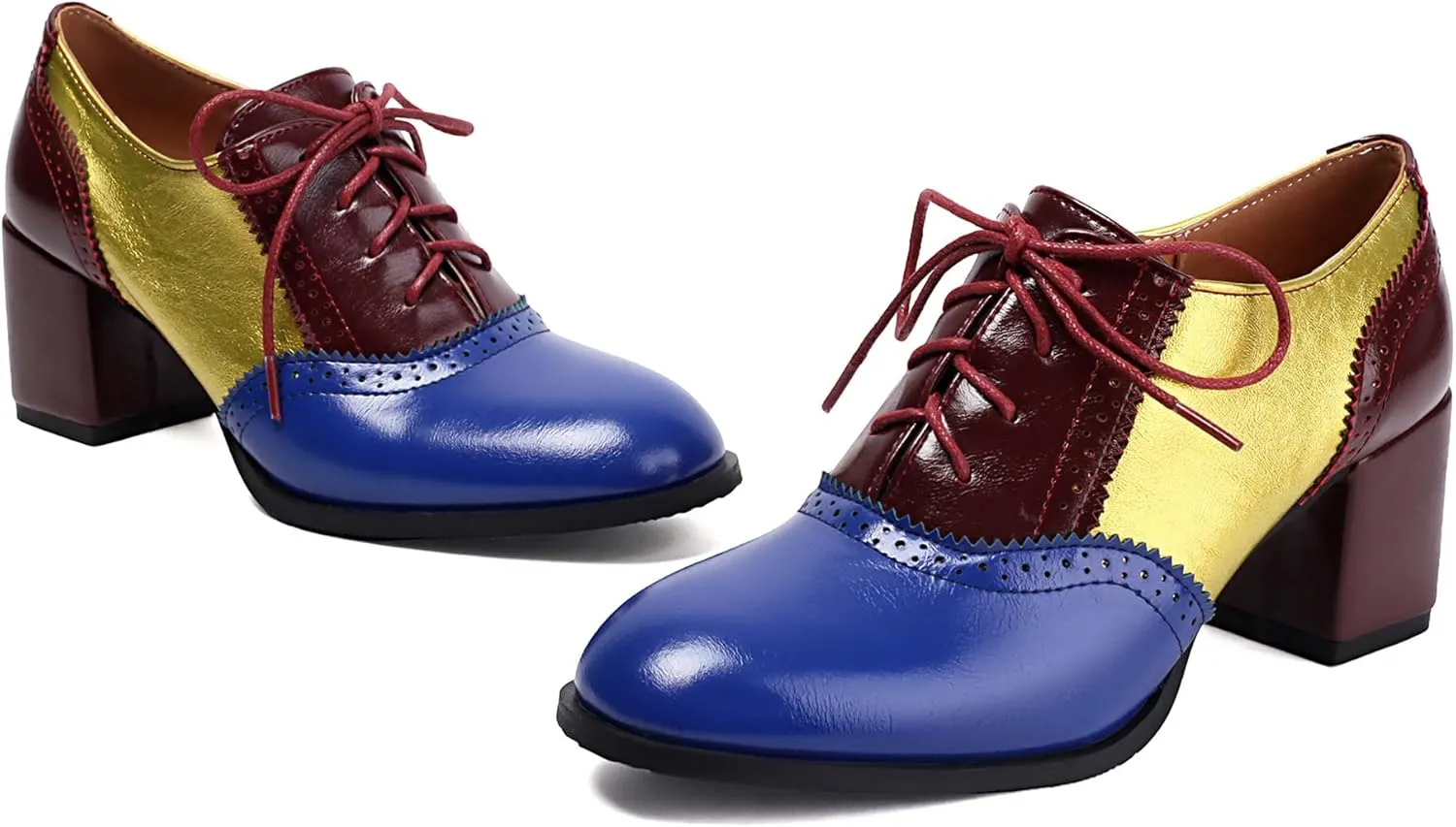 Block Heel Round Toe Brogue Lace Up Women Court Shoes