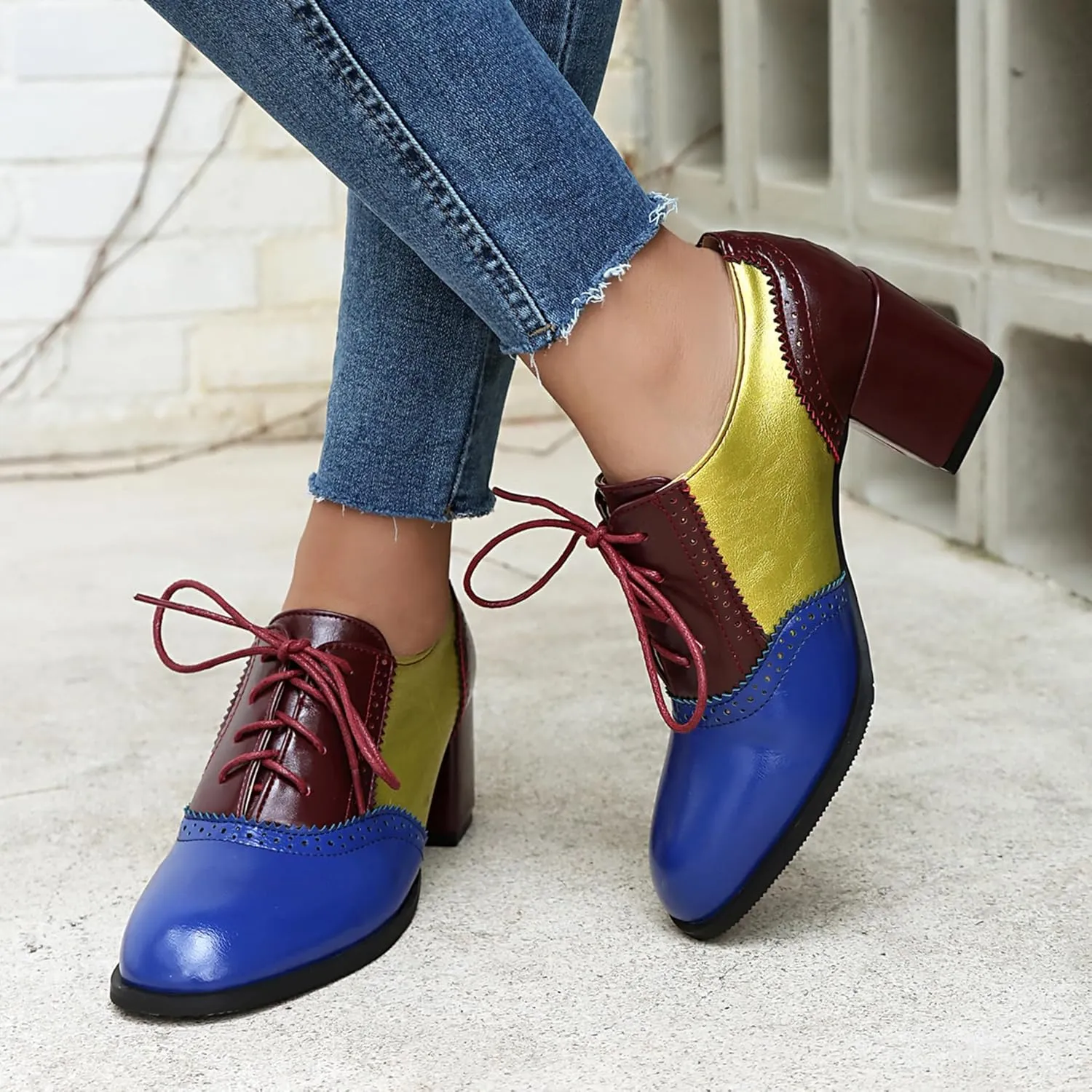 Block Heel Round Toe Brogue Lace Up Women Court Shoes