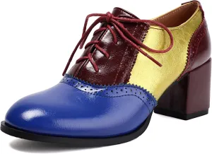 Block Heel Round Toe Brogue Lace Up Women Court Shoes
