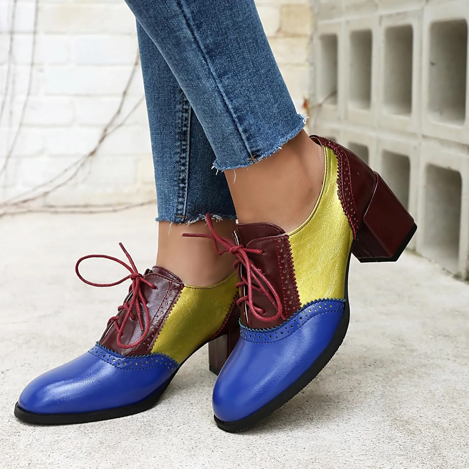 Block Heel Round Toe Brogue Lace Up Women Court Shoes