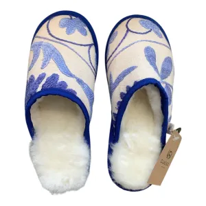 Blue Crewelwork Medium White Slippers
