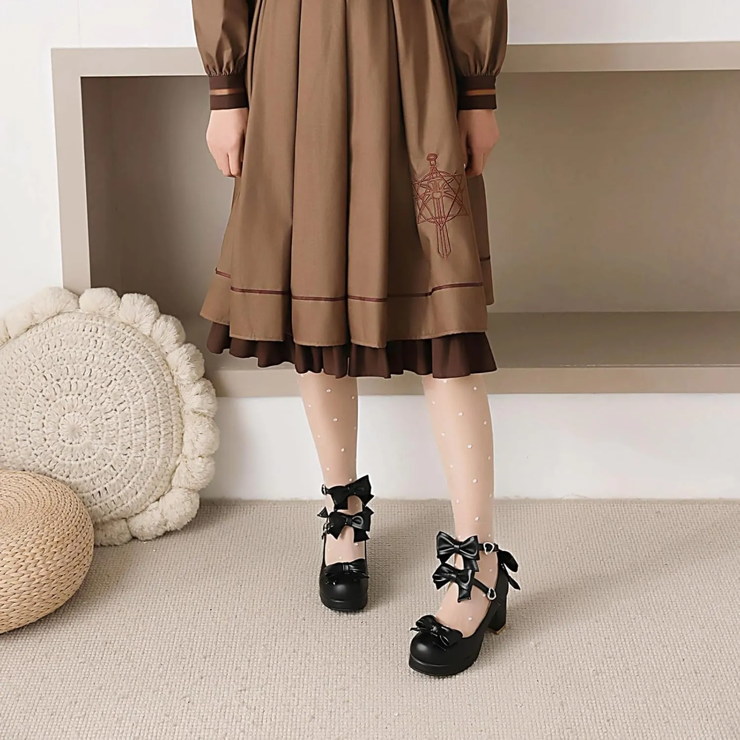 Bowtie Mary Jane Womens Round Toe Block Heels Pumps