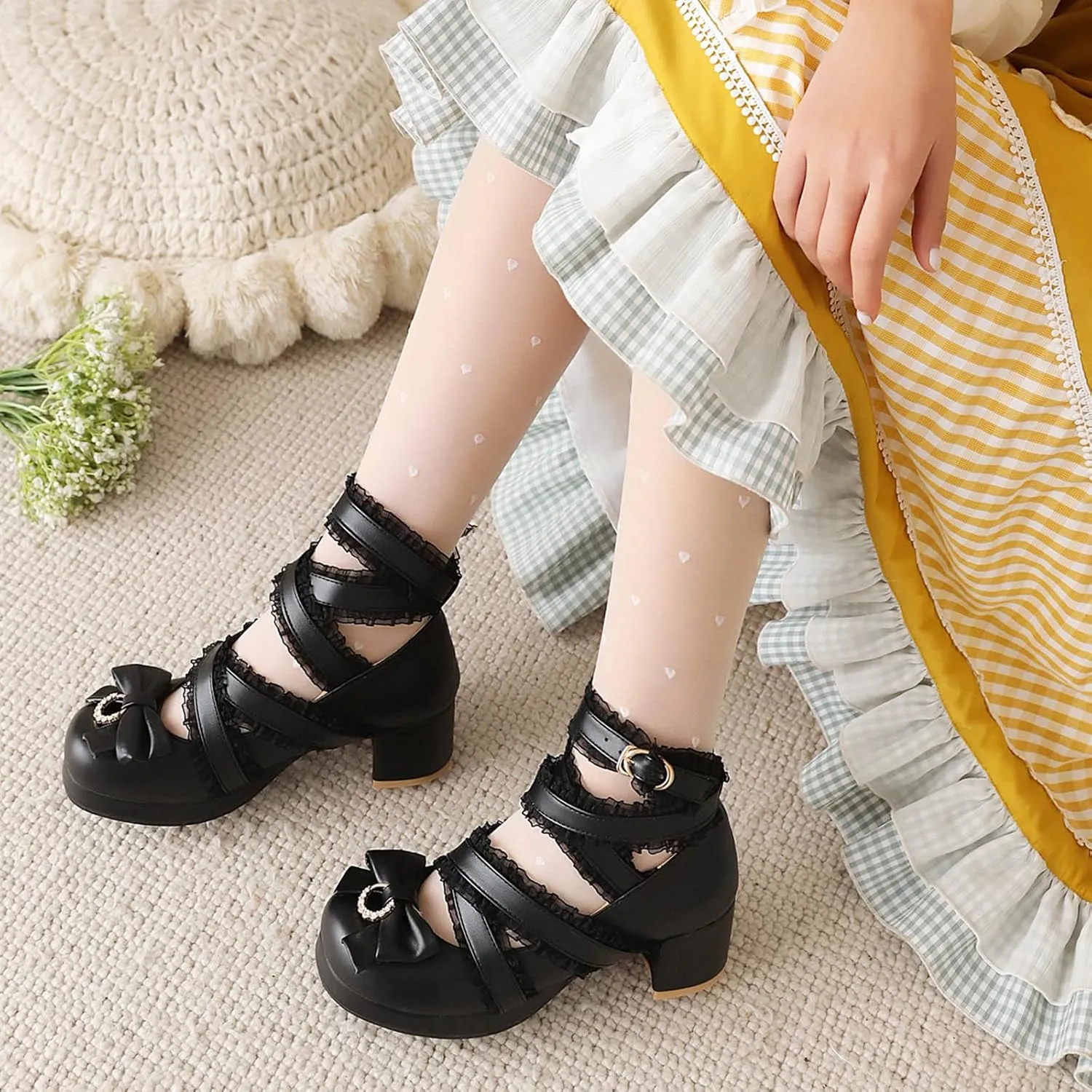 Bowtie Mary Jane Womens Round Toe Block Heels Pumps
