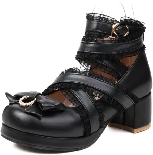 Bowtie Mary Jane Womens Round Toe Block Heels Pumps