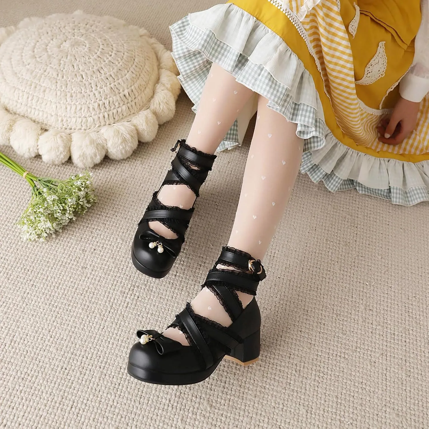 Bowtie Mary Jane Womens Round Toe Block Heels Pumps