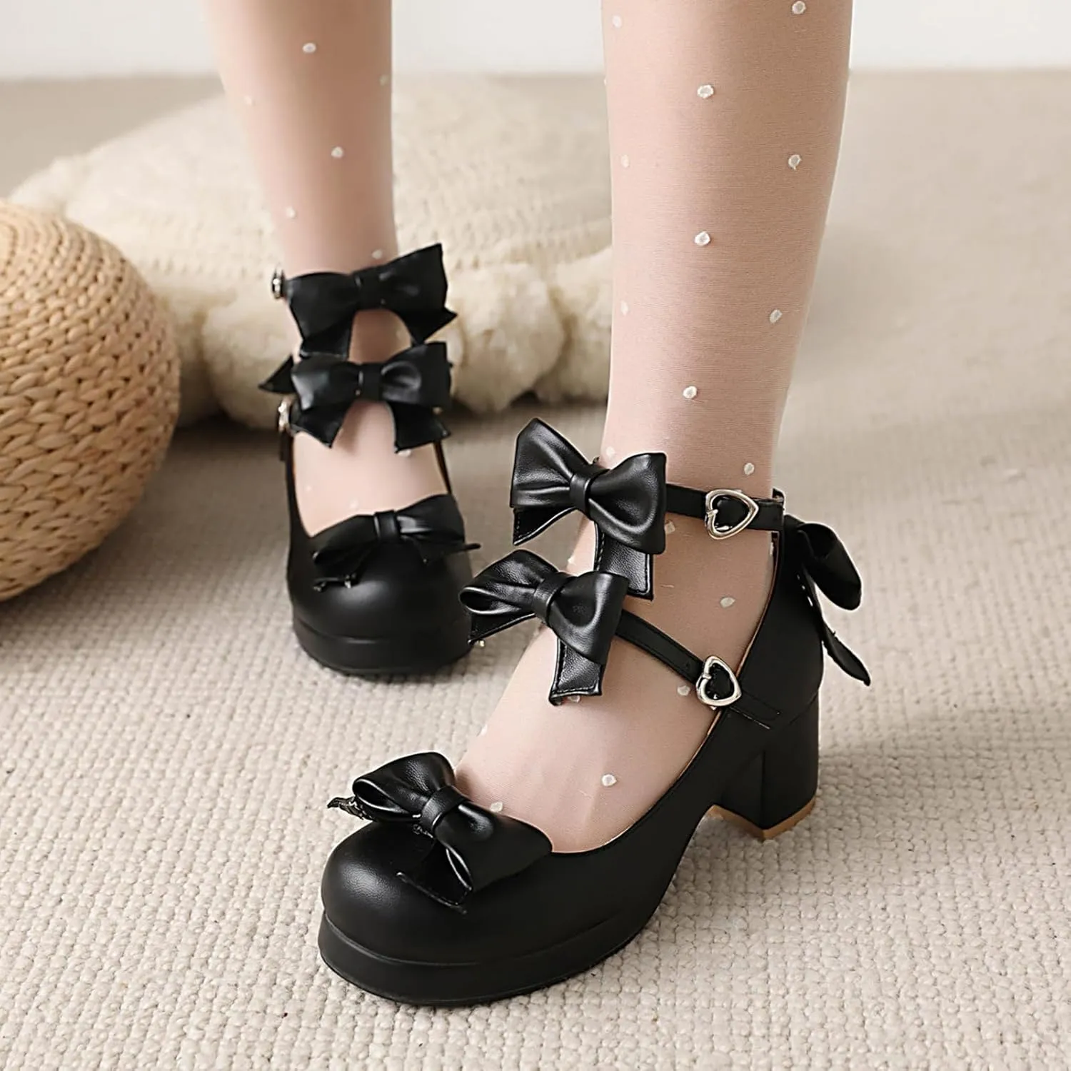Bowtie Mary Jane Womens Round Toe Block Heels Pumps