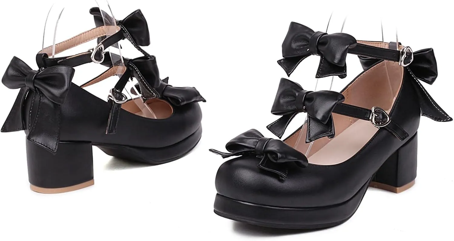 Bowtie Mary Jane Womens Round Toe Block Heels Pumps