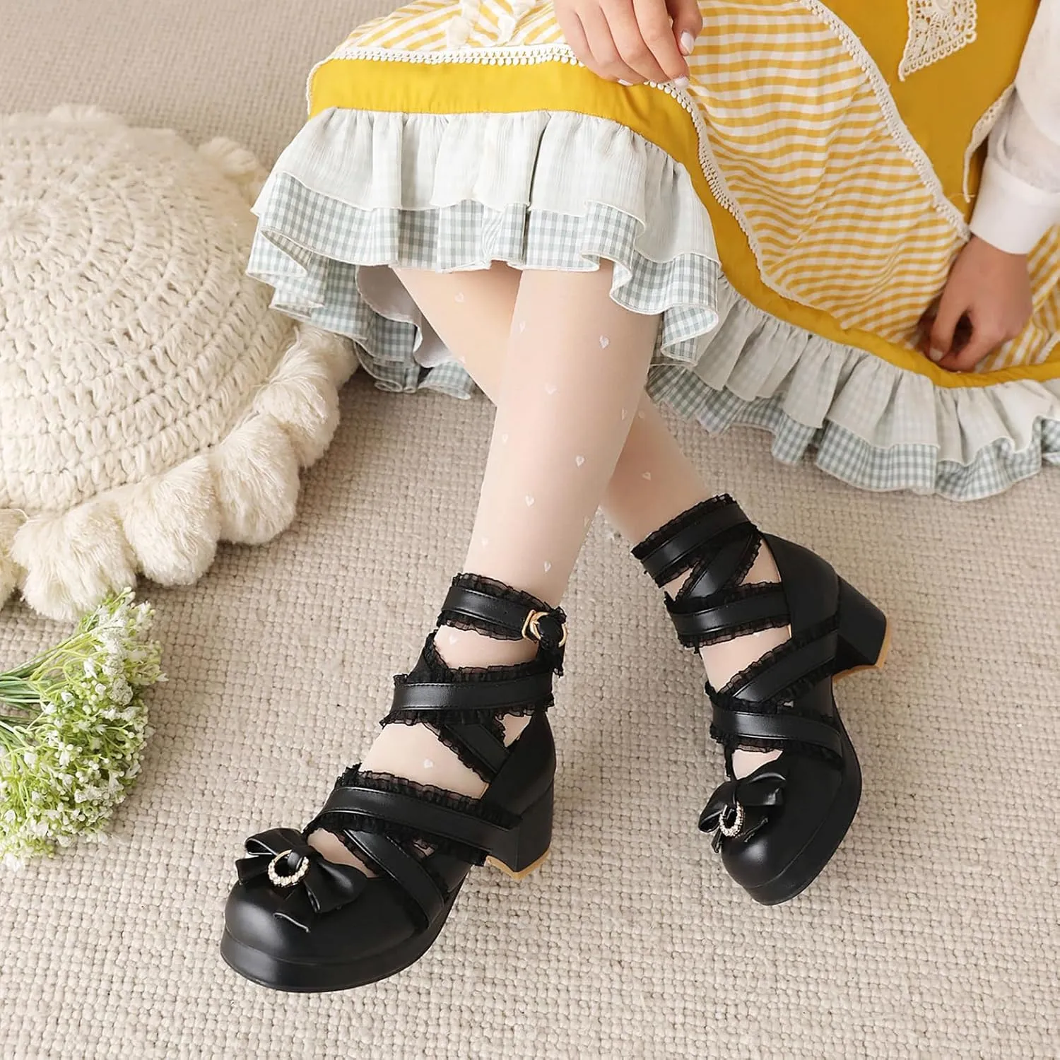 Bowtie Mary Jane Womens Round Toe Block Heels Pumps