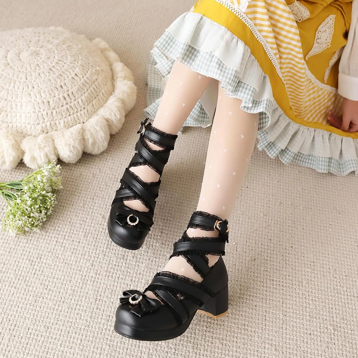 Bowtie Mary Jane Womens Round Toe Block Heels Pumps