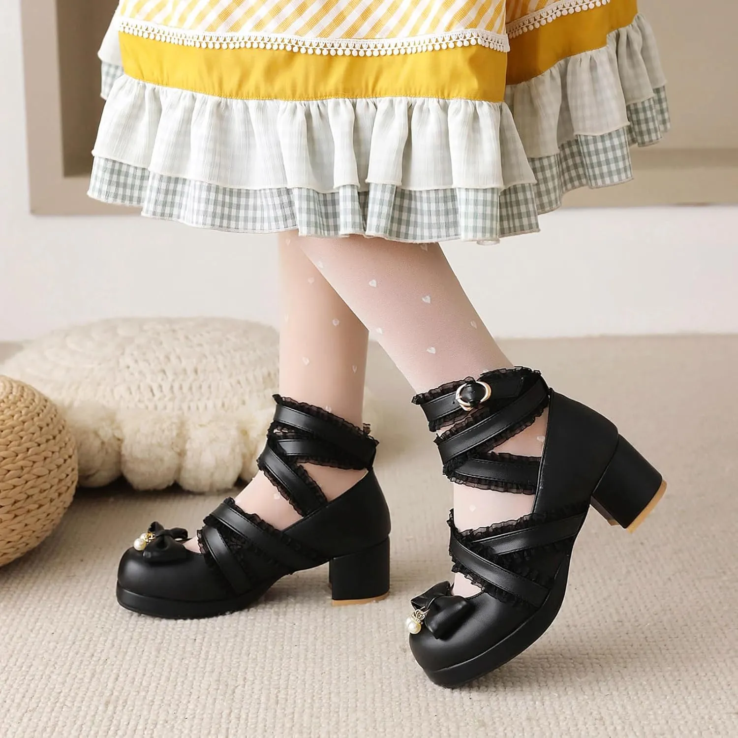Bowtie Mary Jane Womens Round Toe Block Heels Pumps