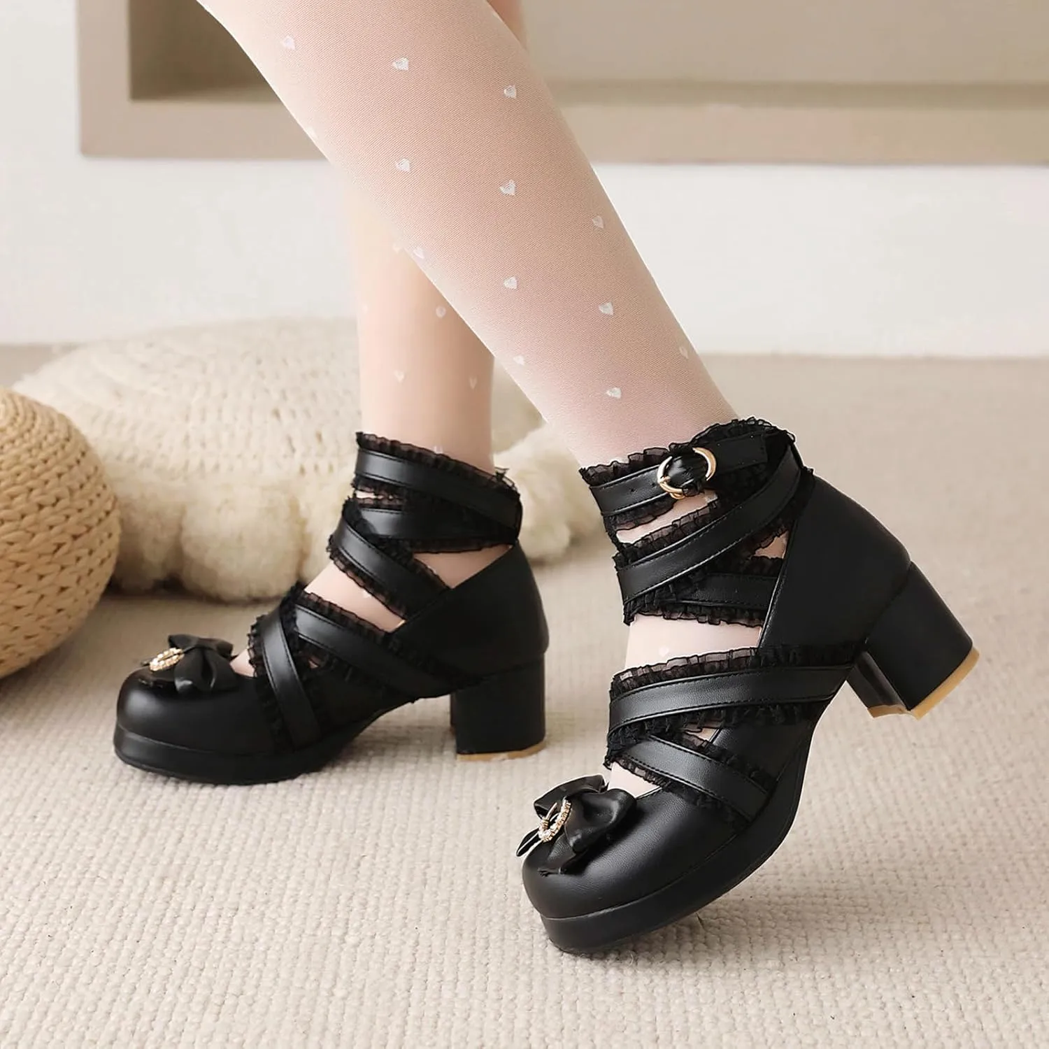 Bowtie Mary Jane Womens Round Toe Block Heels Pumps