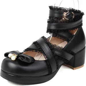 Bowtie Mary Jane Womens Round Toe Block Heels Pumps