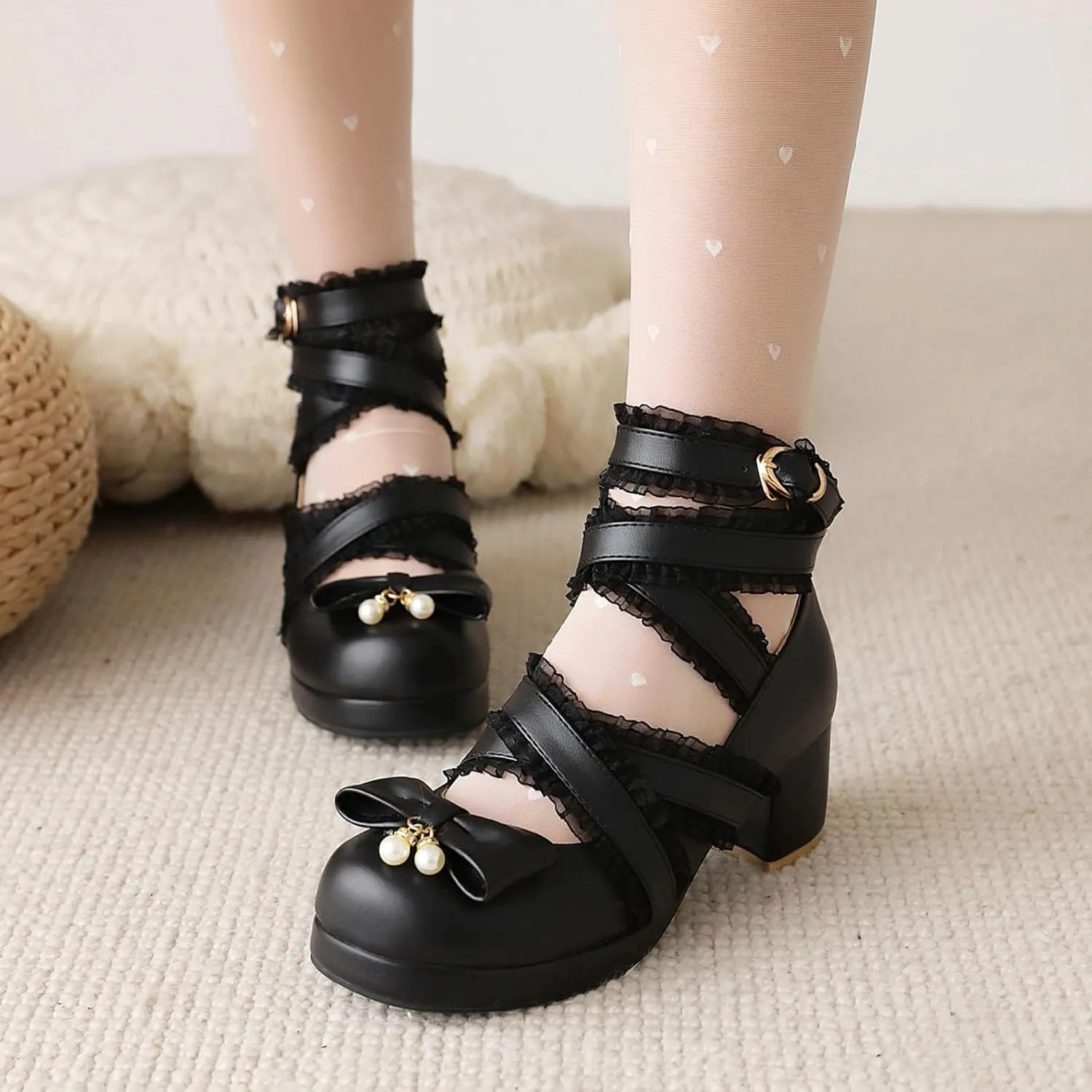 Bowtie Mary Jane Womens Round Toe Block Heels Pumps