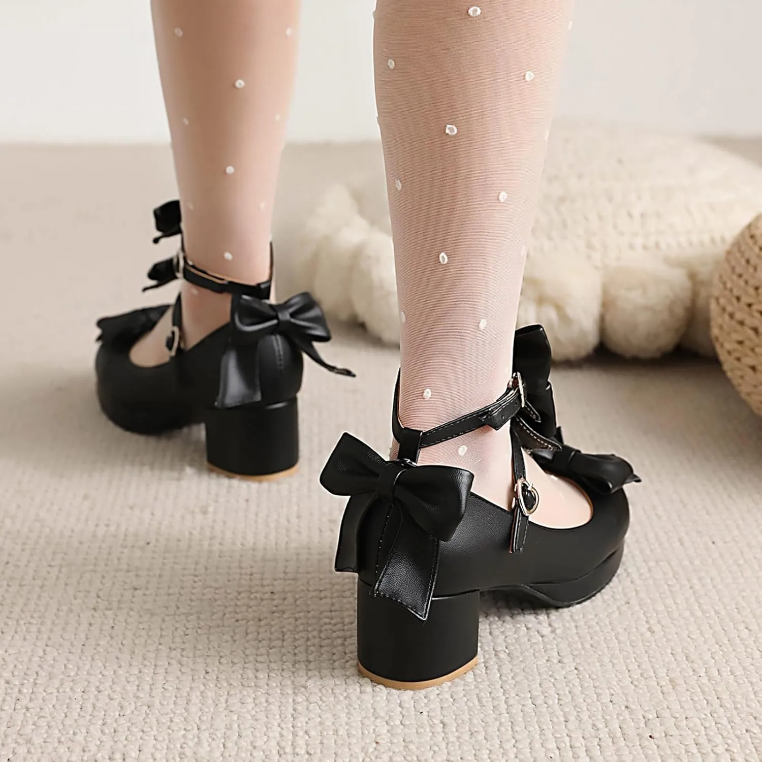 Bowtie Mary Jane Womens Round Toe Block Heels Pumps