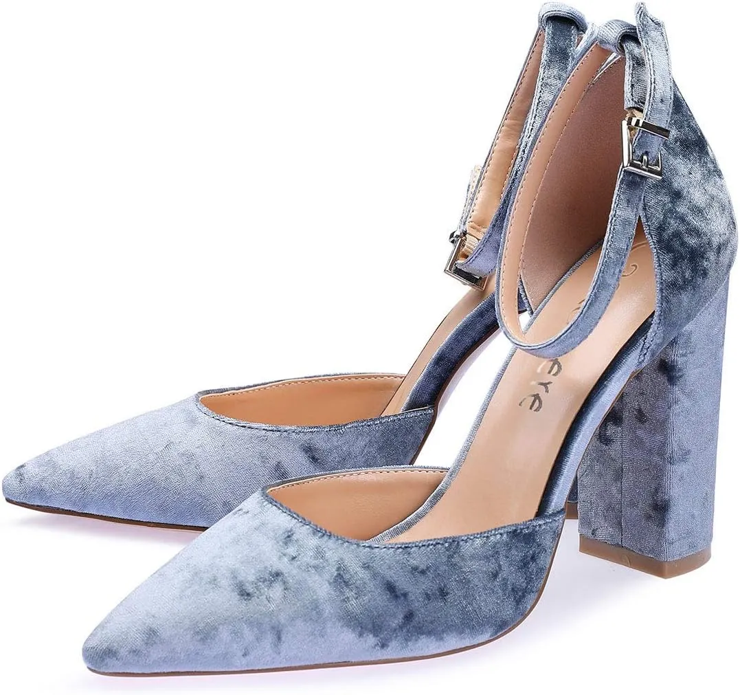 Castamere Womens High Heels Chunky Block Heel Sandals Pointed Toe Ankle Strap Pumps 10CM