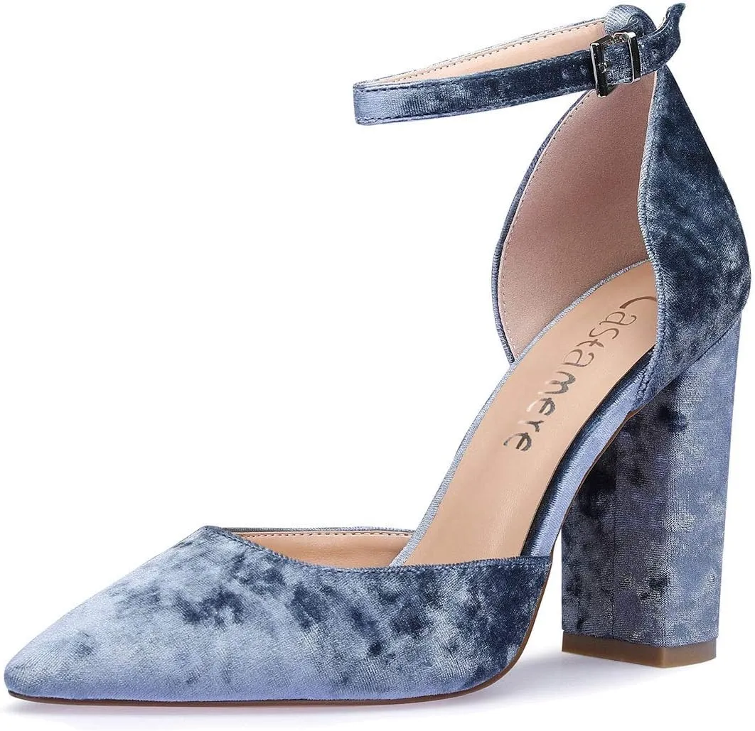 Castamere Womens High Heels Chunky Block Heel Sandals Pointed Toe Ankle Strap Pumps 10CM
