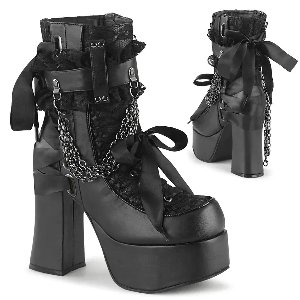 Chain Lace Up Bow Round Toe Square Heel Shoes