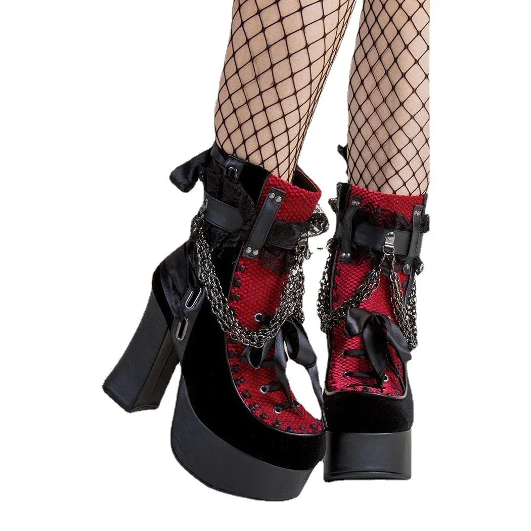 Chain Lace Up Bow Round Toe Square Heel Shoes