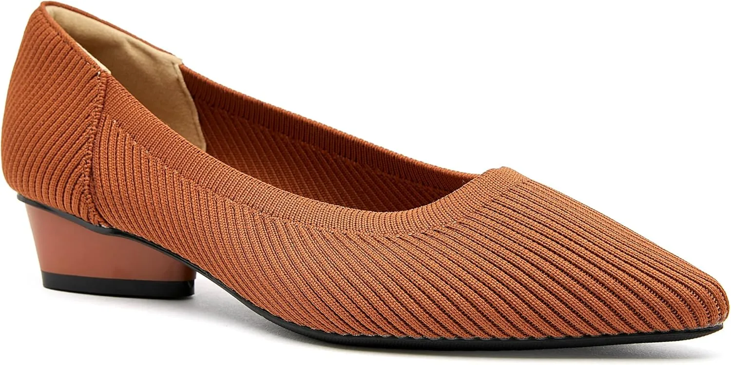 Chunky Heels for Women Knit Ballet Shoes Pointed Toe Low Heel Mesh Comfortable Block Pumps Dress Shoes