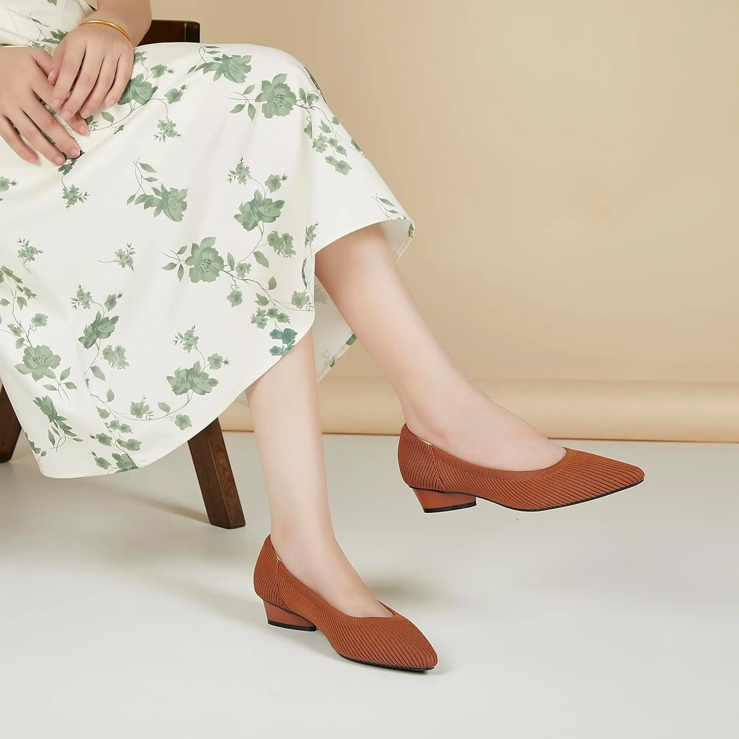 Chunky Heels for Women Knit Ballet Shoes Pointed Toe Low Heel Mesh Comfortable Block Pumps Dress Shoes