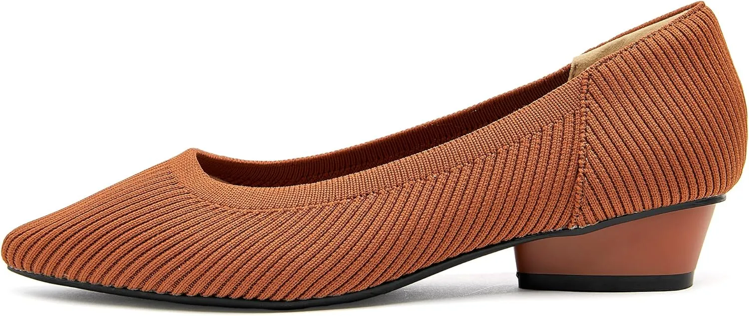 Chunky Heels for Women Knit Ballet Shoes Pointed Toe Low Heel Mesh Comfortable Block Pumps Dress Shoes