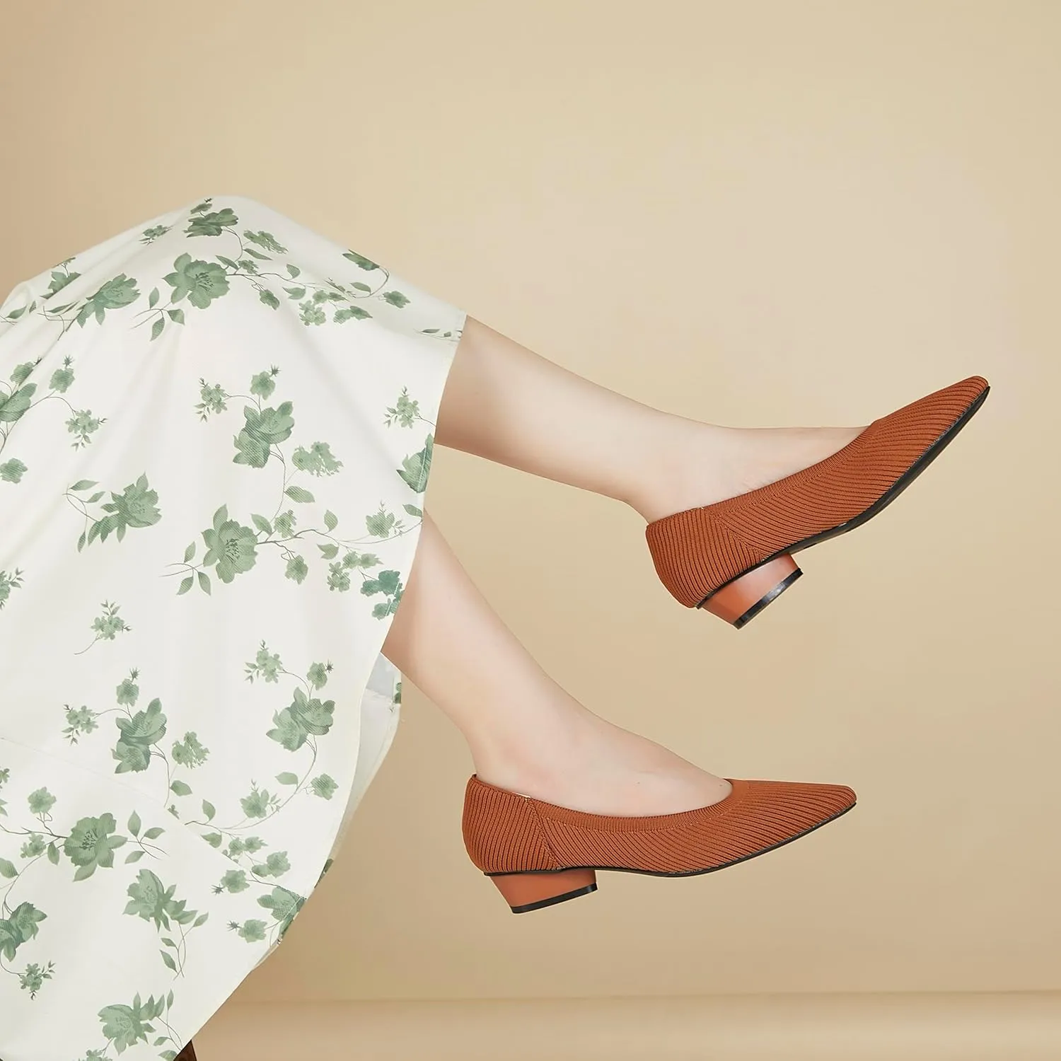 Chunky Heels for Women Knit Ballet Shoes Pointed Toe Low Heel Mesh Comfortable Block Pumps Dress Shoes