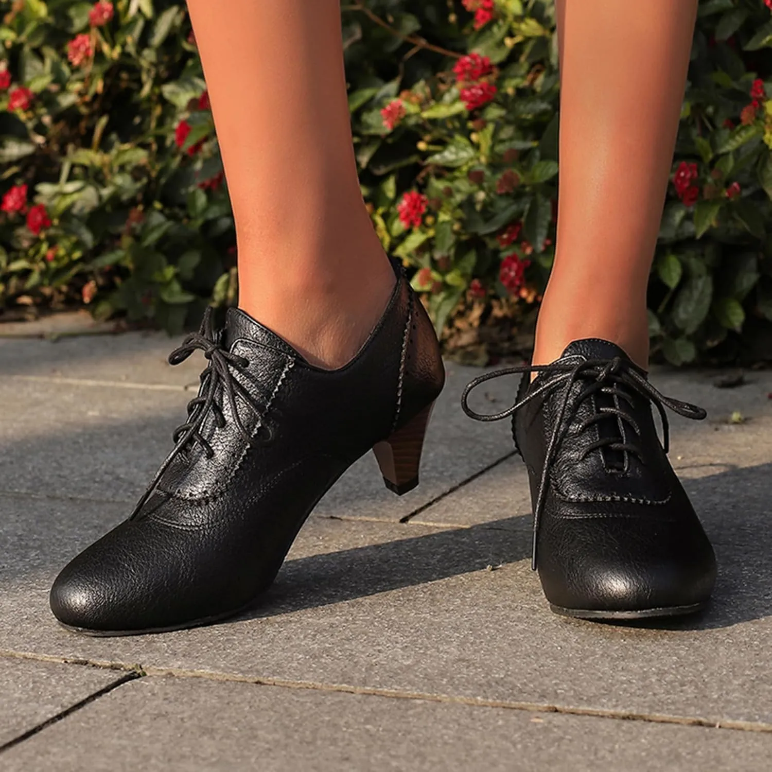 Classic Cone Heel Round Toe Lace Up Women Court Shoes