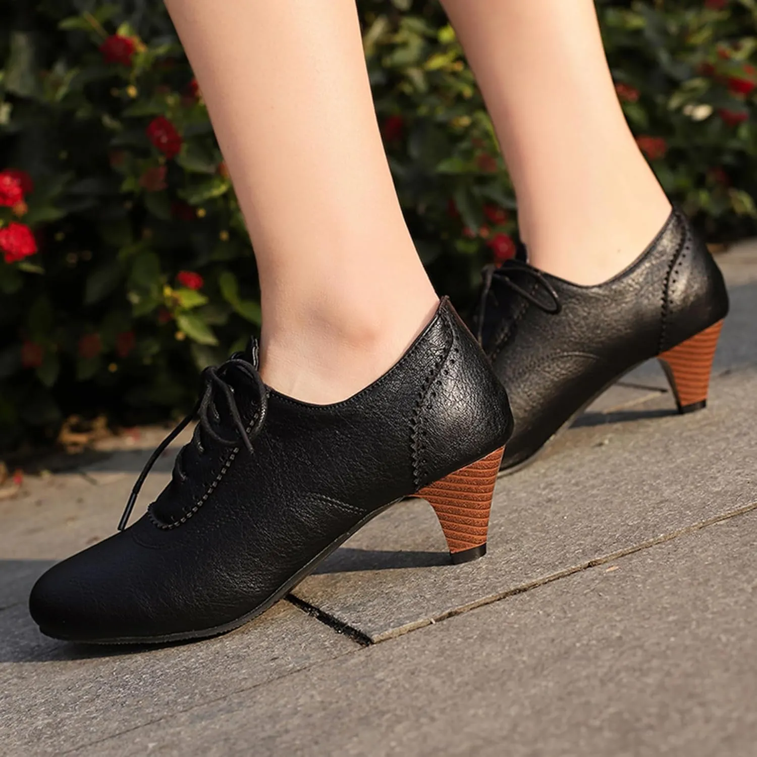 Classic Cone Heel Round Toe Lace Up Women Court Shoes