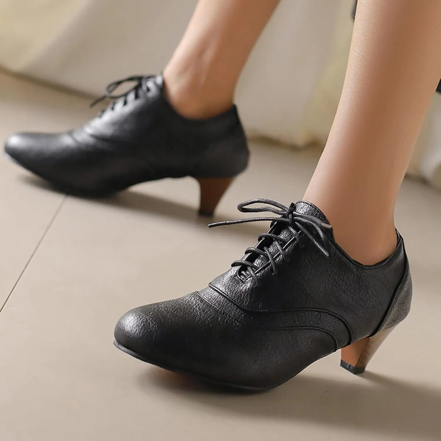Classic Cone Heel Round Toe Lace Up Women Court Shoes