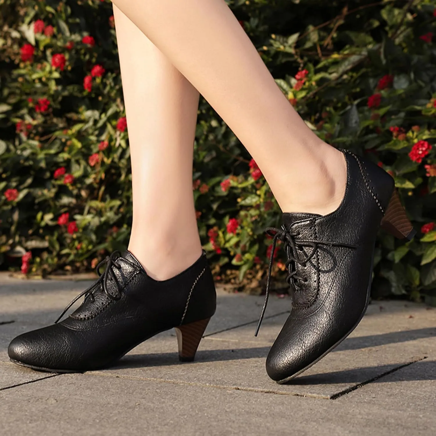 Classic Cone Heel Round Toe Lace Up Women Court Shoes