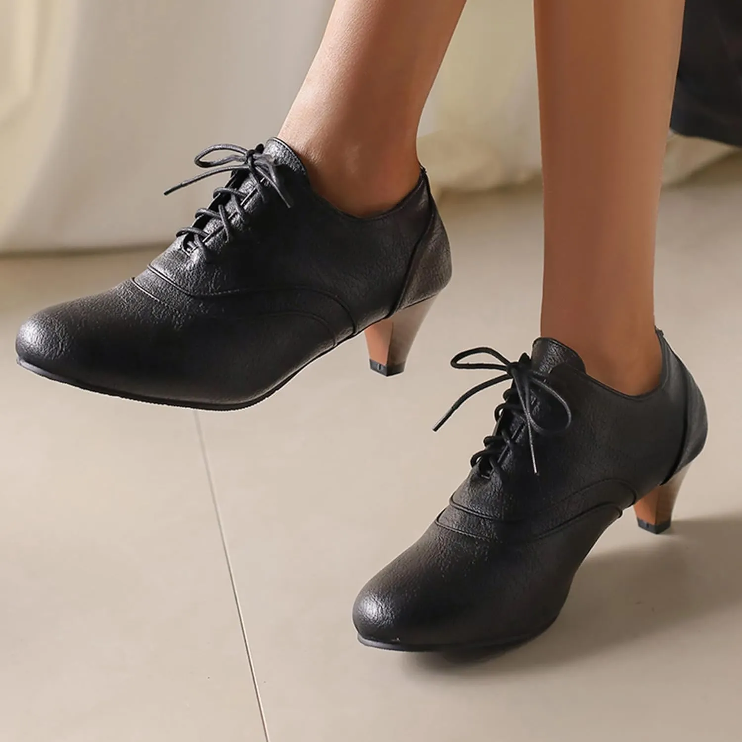 Classic Cone Heel Round Toe Lace Up Women Court Shoes
