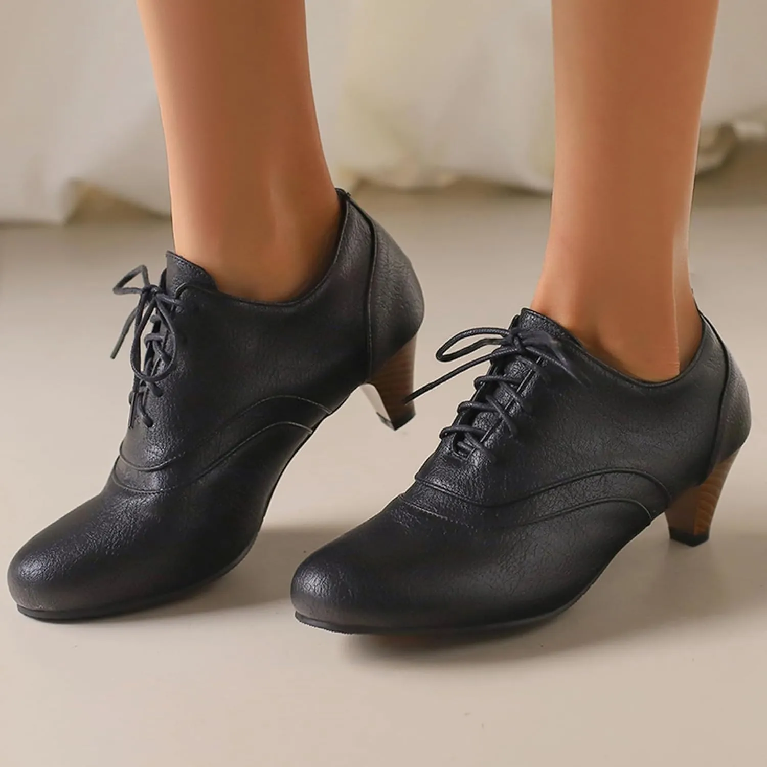 Classic Cone Heel Round Toe Lace Up Women Court Shoes