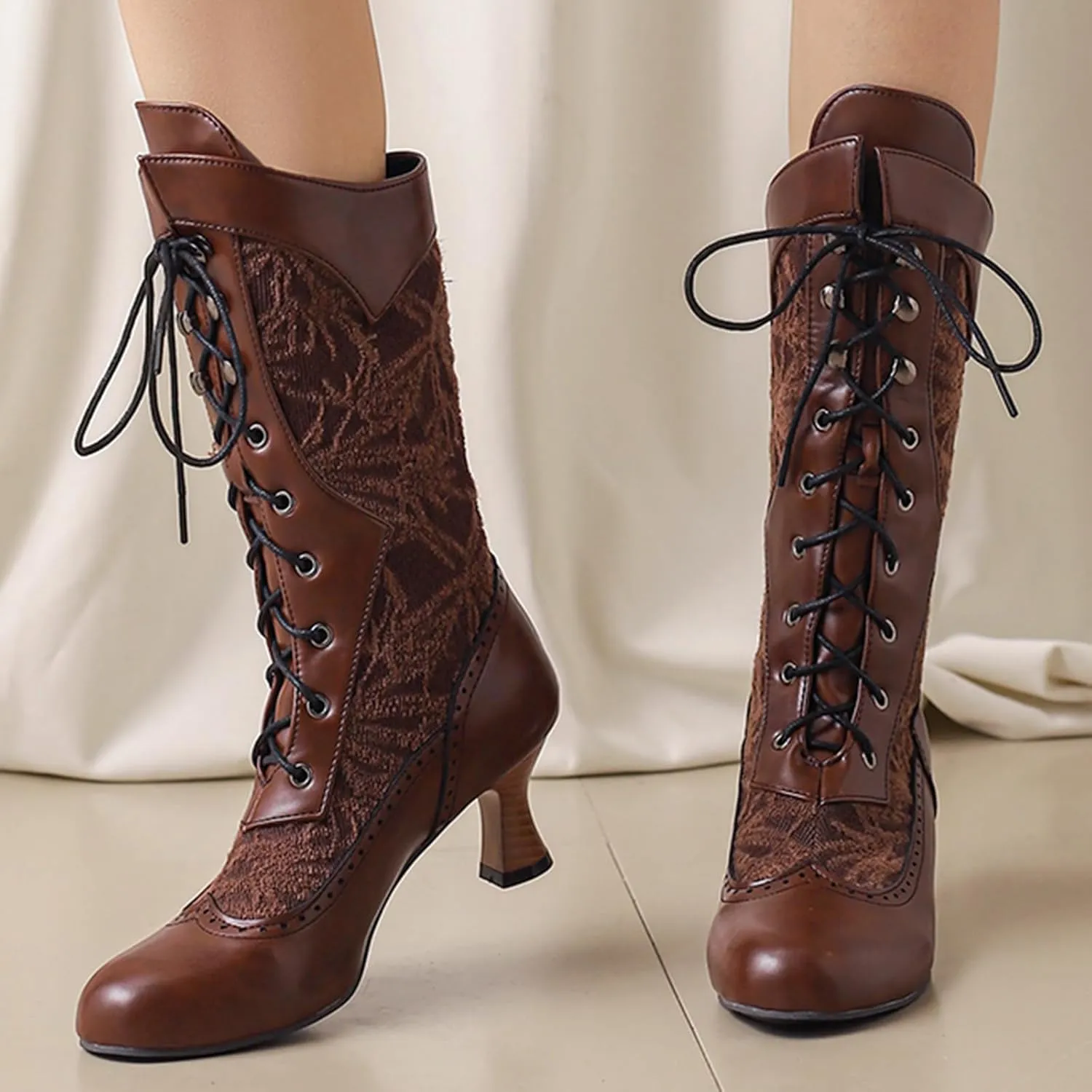 Classic Mid Kitten Heel Round Toe Women Mid Calf Boots