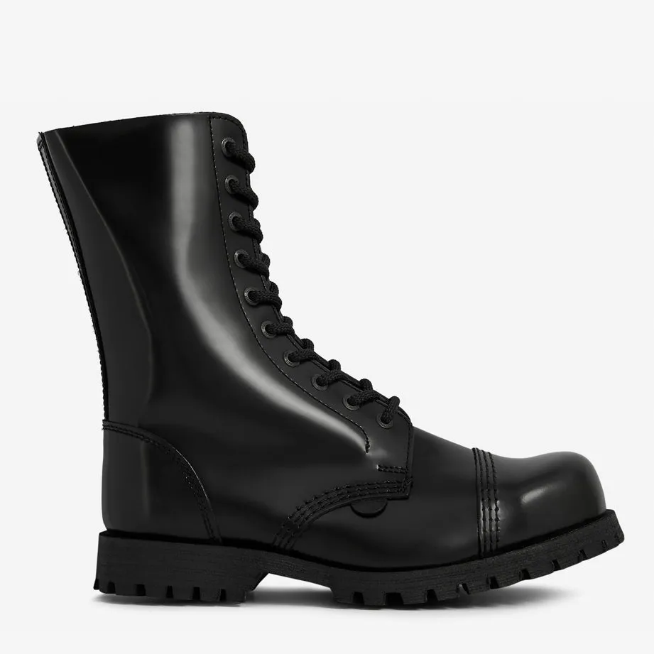 COMMANDO - 10 EYELET STEEL CAP BOOT - BLACK LEATHER - SINGLE SOLE
